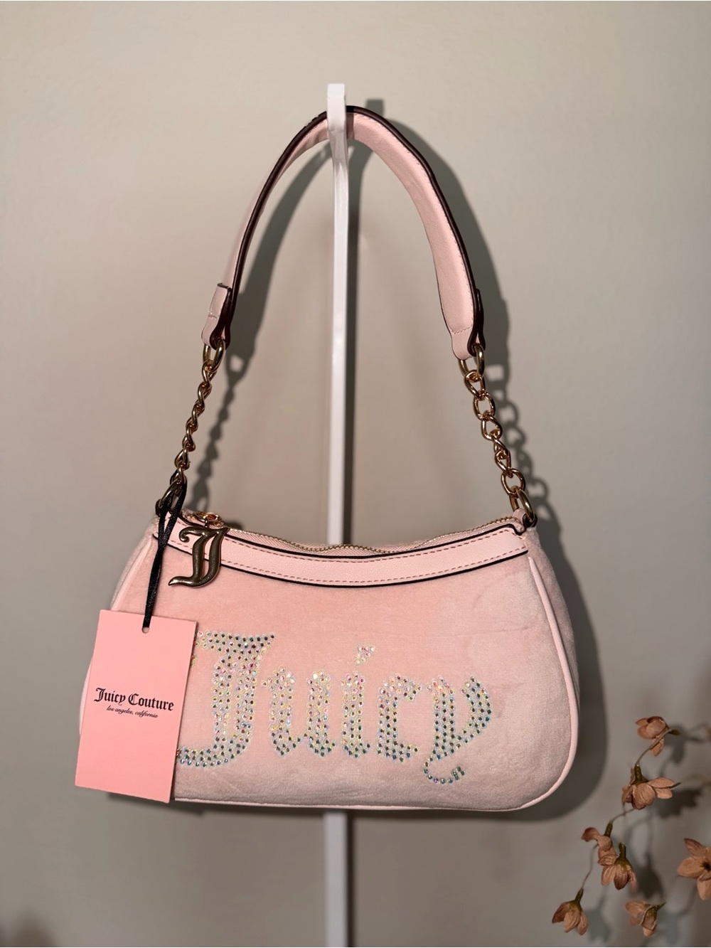 Juicy Couture Pale Pink Rhinestone Logo Shoulder Bag with Chain Strap